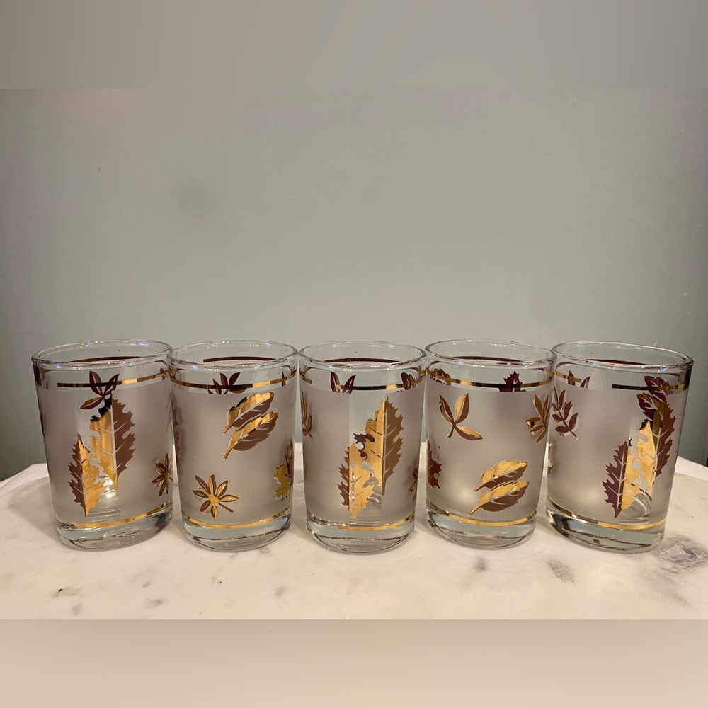Libbey Glass Company Golden Foliage Juice Shot Glasses 5 Mid-Century Modern MCM